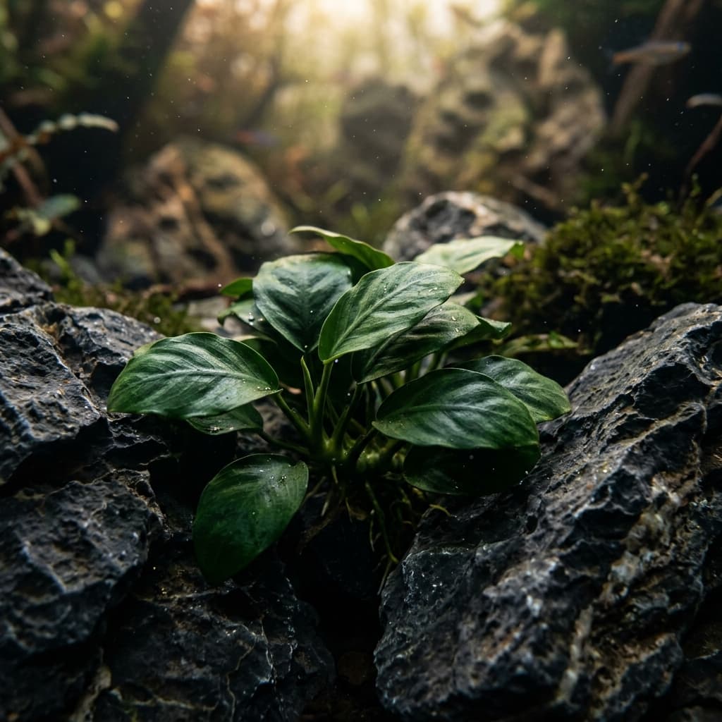 Anubias foliage representing a planted paludarium shoreline