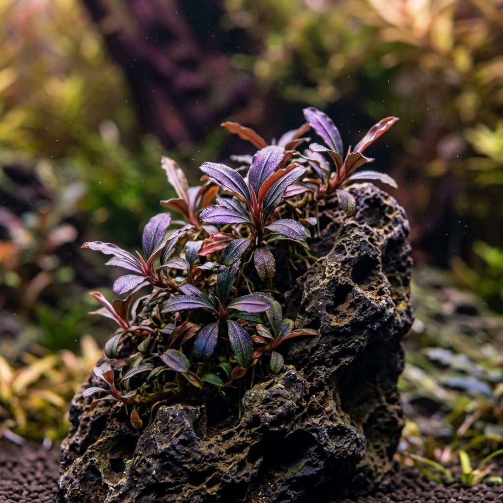 Compact Bucephalandra foliage for a planted aquatic system