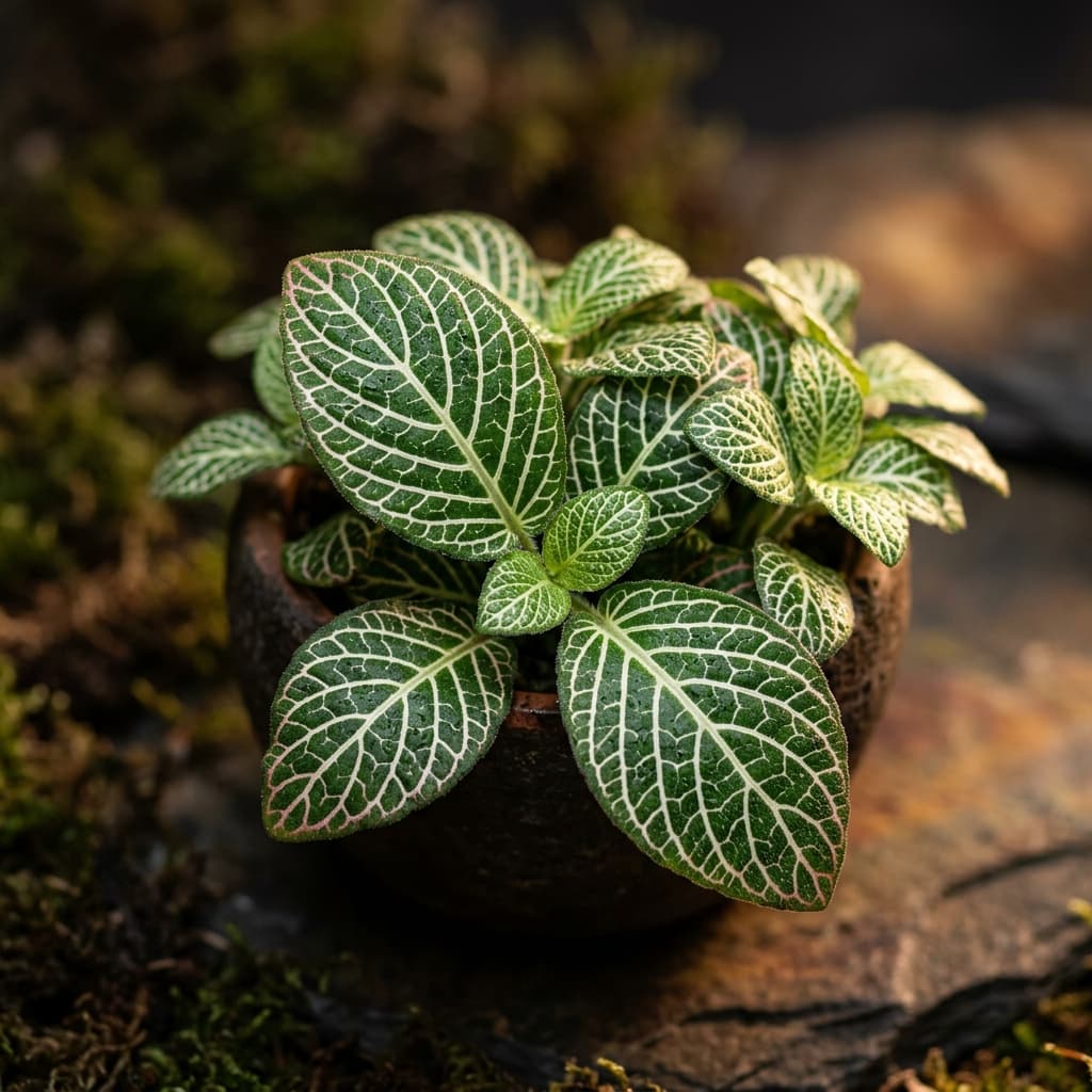 Compact Fittonia foliage representing a humid terrarium
